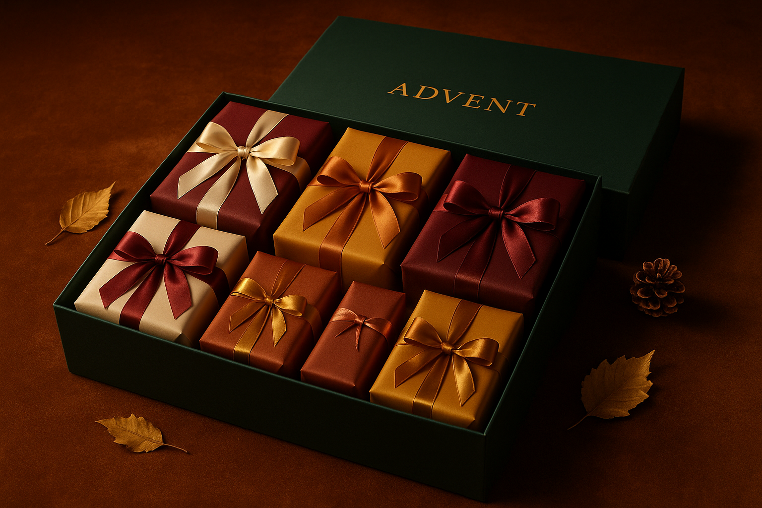 fall advent box that has 7 wrapped gifts sitting on a soft surface make it look luxury
