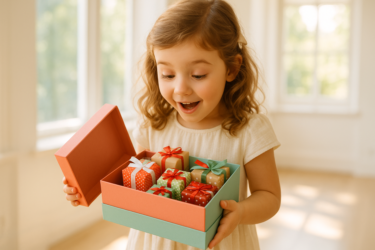 make me a pic of a coral and mint colored box that has 7 small wrapped gifts with a little girl who is holding the box looking into it. make the background of the picture in a bright airy room 