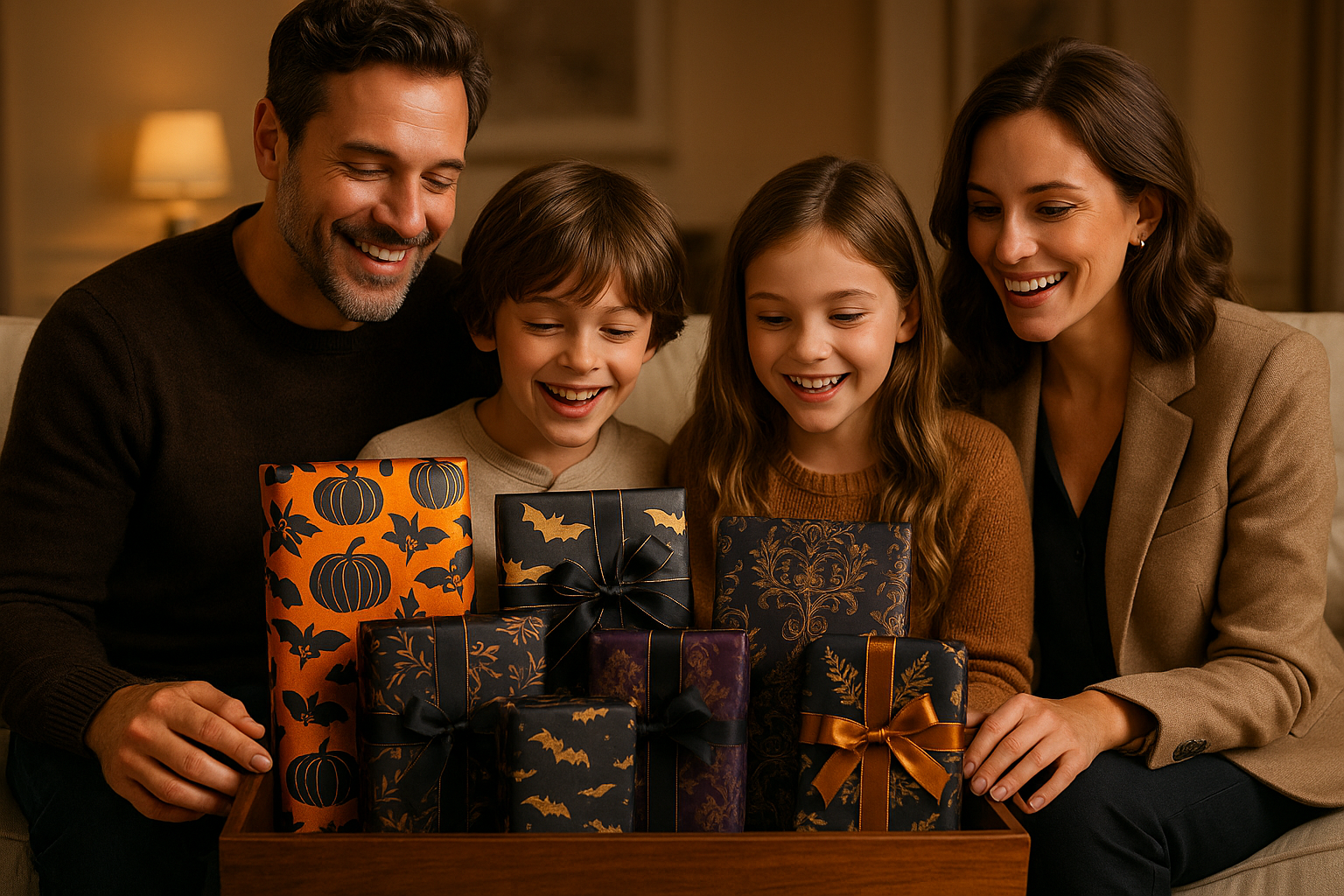 make picture of a family of 4 siting down loking at a box full of 7 wrapped gifts not laid out perfectly but they need to be wrapped in halloween wrapping paper and it needs to look upscale make the family happy and excited about the box with gifts